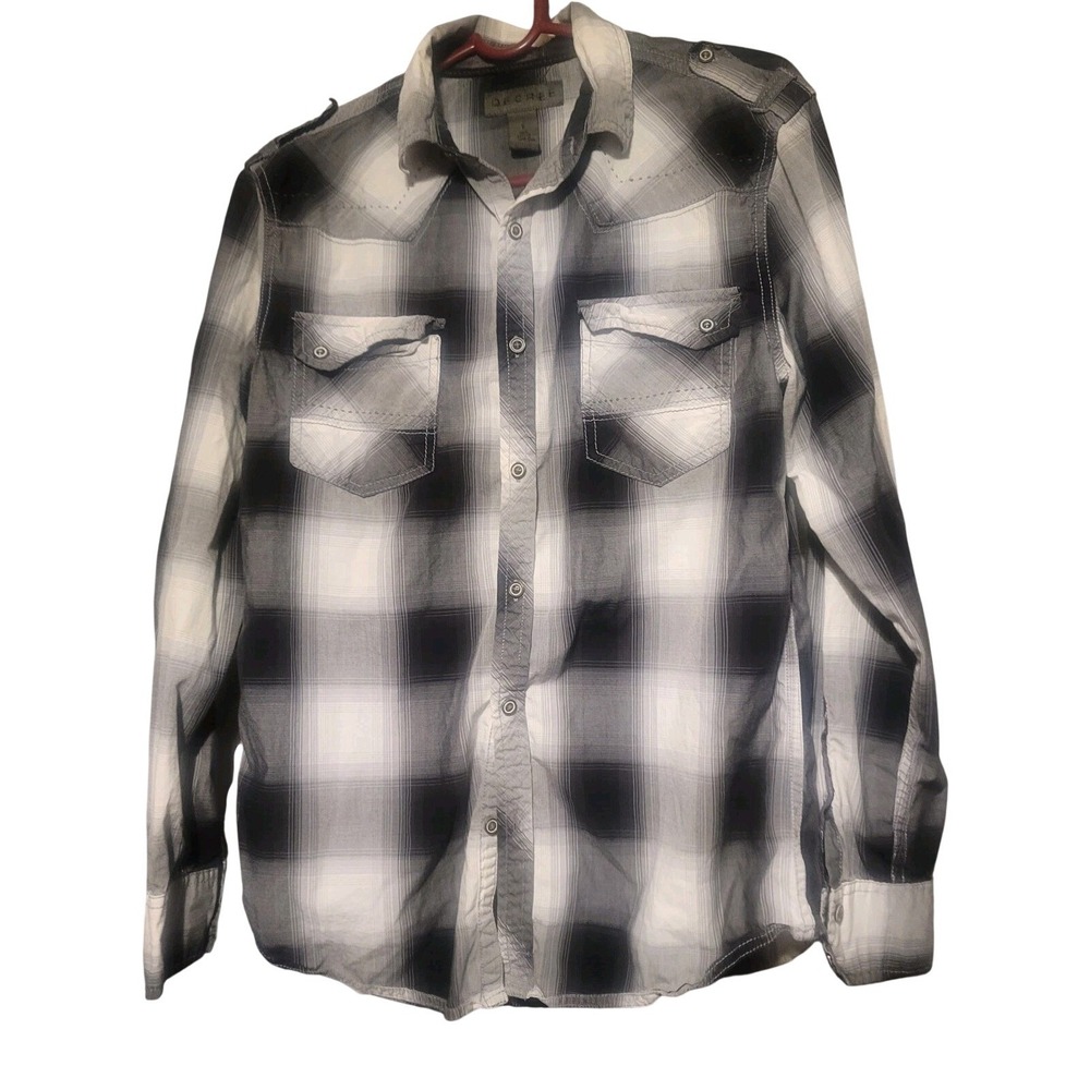 Decree Mens Plaid Button Down Shirt Black White Grey Western Epaulets Small